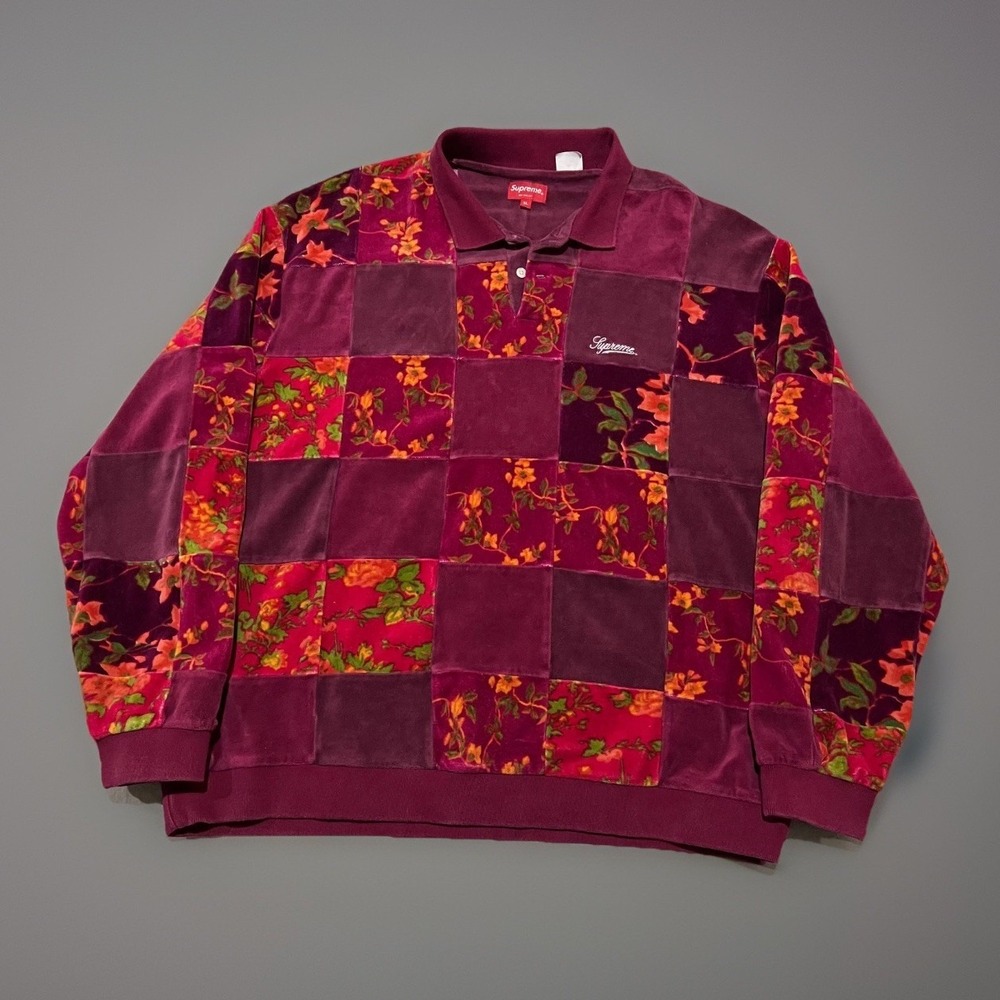 Supreme Mens Red Patchwork Floral Velour LS Polo Shirt XL Streetwear Skater Rare
